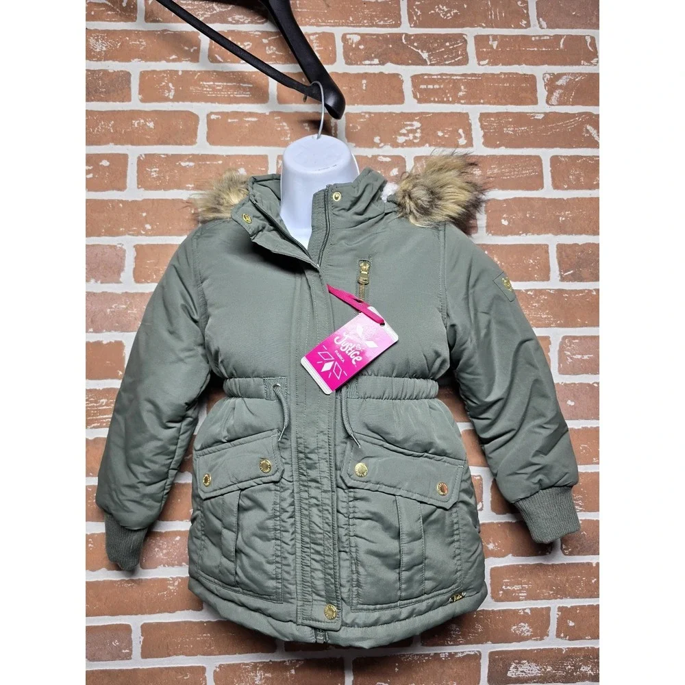 Justice Girls Puffer Jacket Faux Fur Lined With‎ Hood Sz XS 5/6 Green